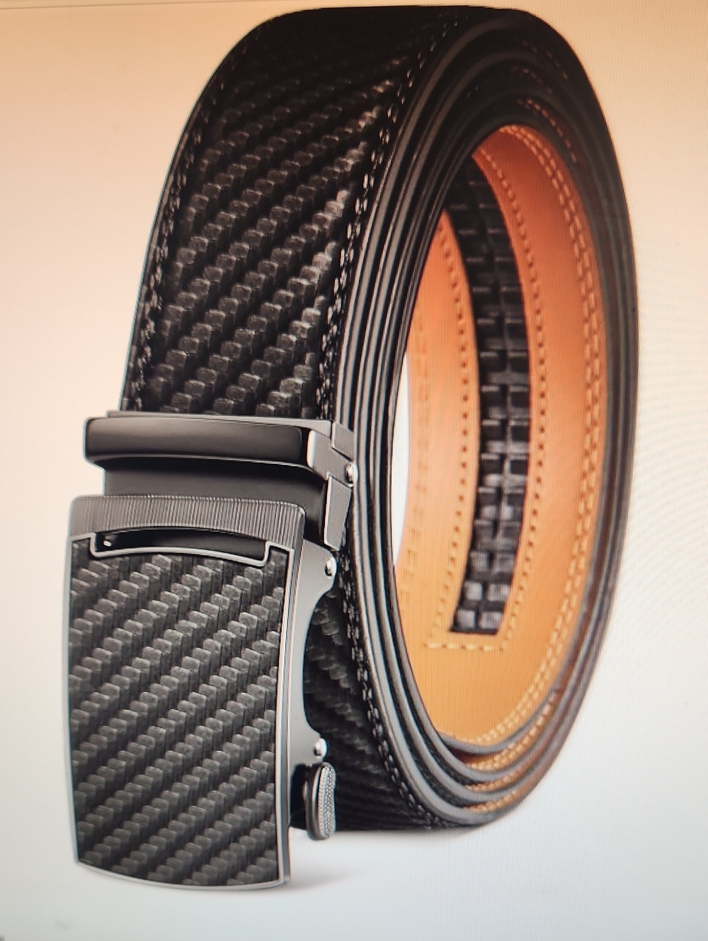 Black Carbon-Texture Men's Leather Belt with Automatic Buckle NEW IN BOX 34W